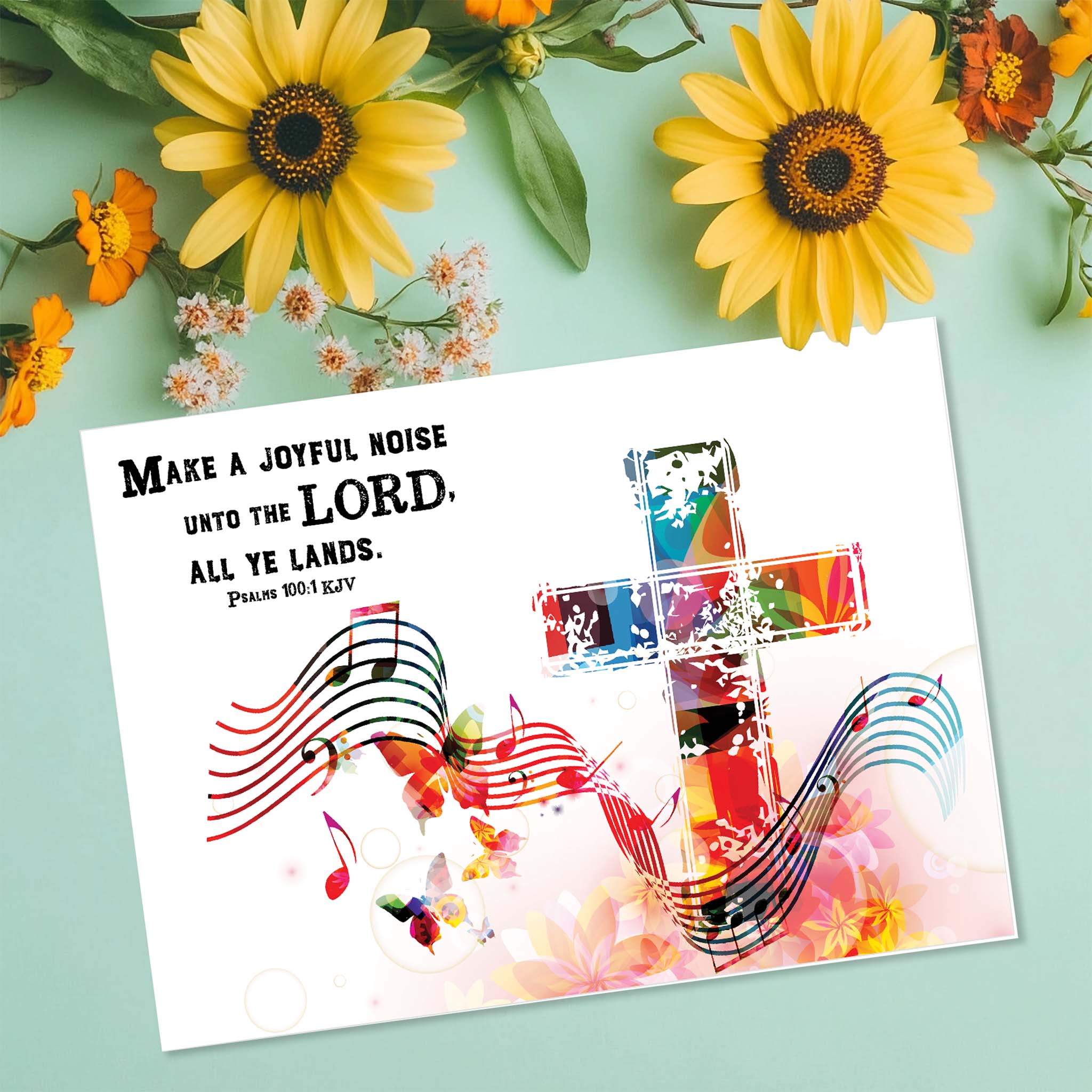 Colorful Ministry Card on green background and Sunflowers
