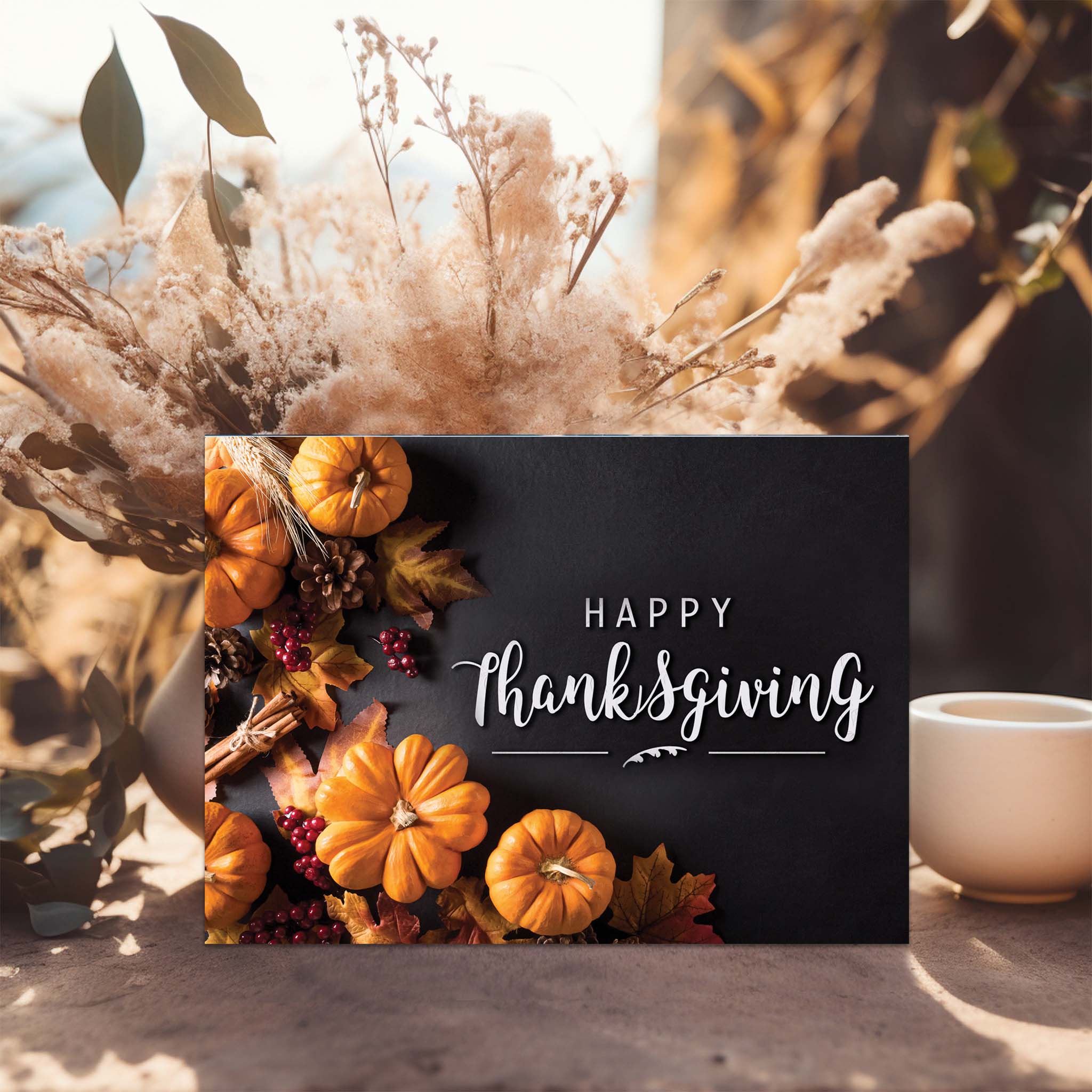 Religious Thanksgiving Card on Table with Floral Arrangement