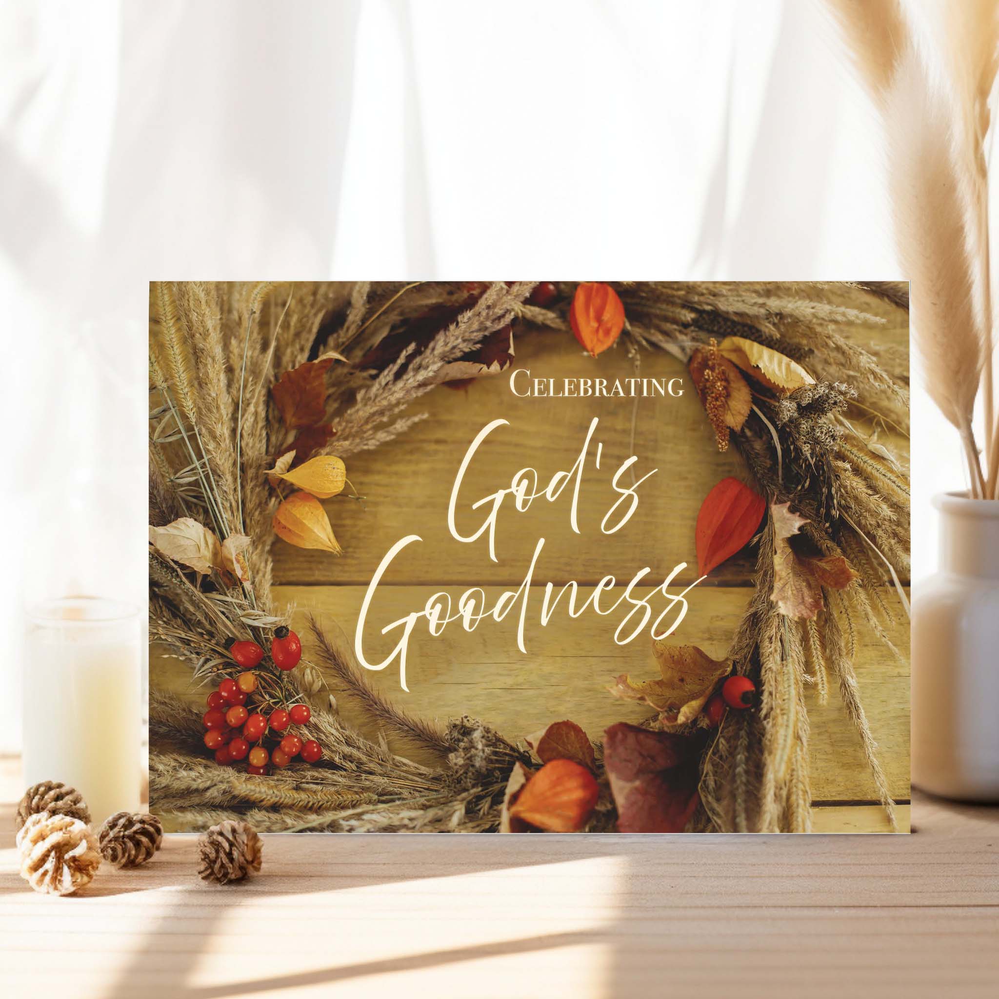 Thanksgiving Cards on table with Pine Cones and Wreath