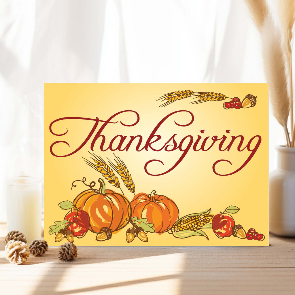 Christian Thanksgiving Card on Table with Pine cones