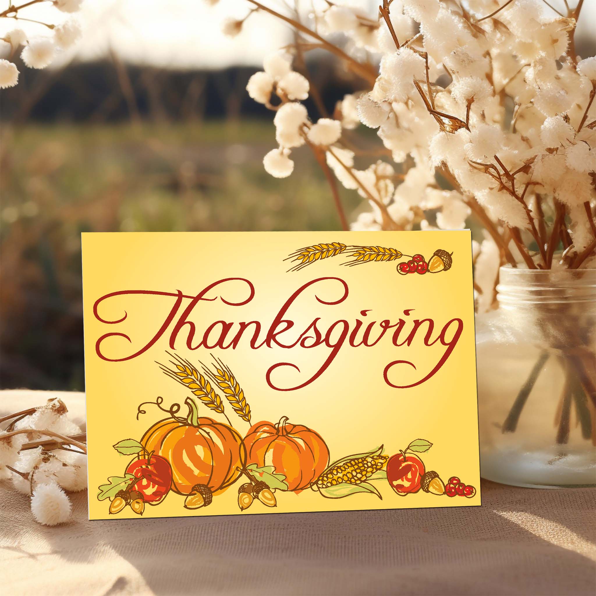 Scripture Thanksgiving Card on Table with Cotton Ball plants
