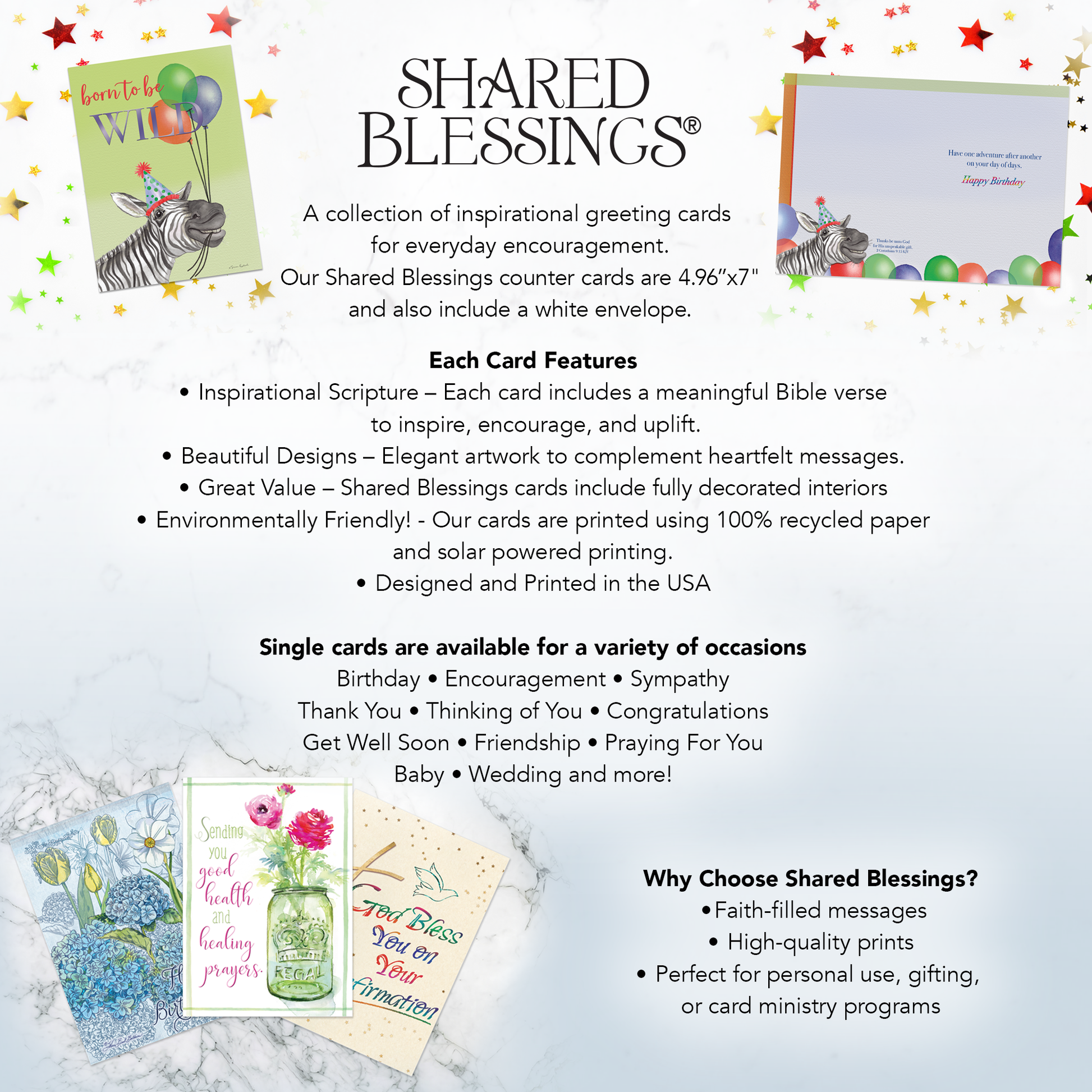 Advertisement for Shared Blessings greeting cards with product details and examples on a light background.