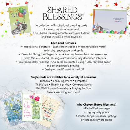 Advertisement for Shared Blessings greeting cards with product details and examples on a light background.