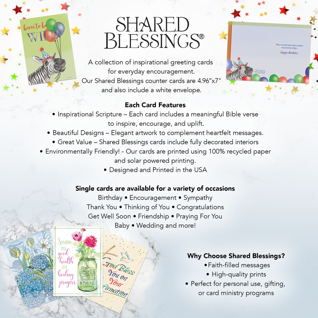 Advertisement for Shared Blessings greeting cards with product details and examples on a light background.