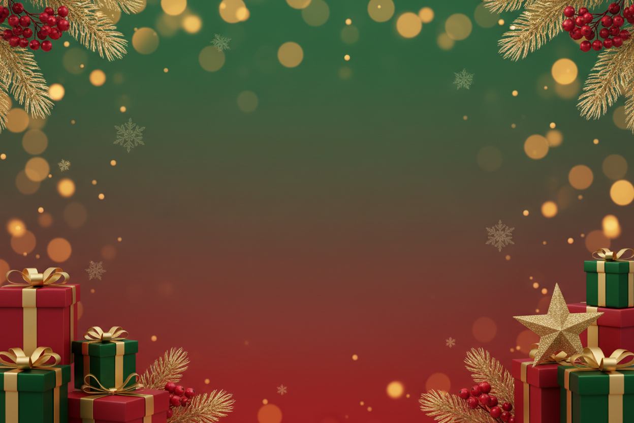 Decorative Christmas scene with presents, gold star, and festive lights on a gradient background.
