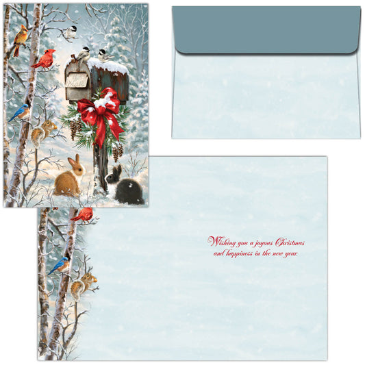 christmas card with mailbox printed envelope and animals