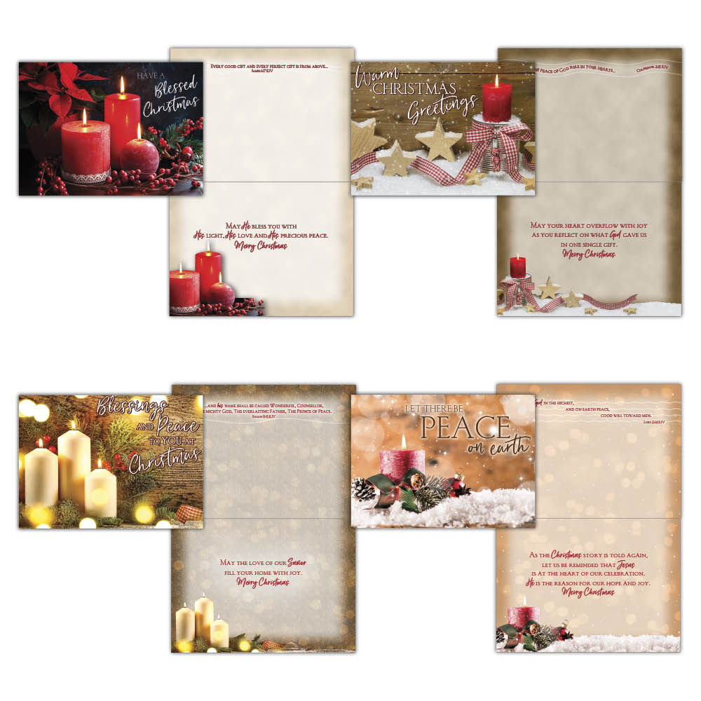 Front and insides of 4 Christmas cards with candles