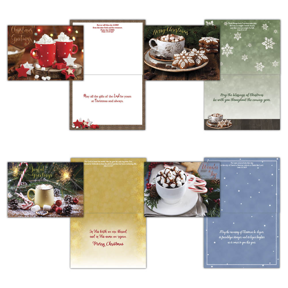 front and inside of 4 Christmas cards with hot chocolate and treats