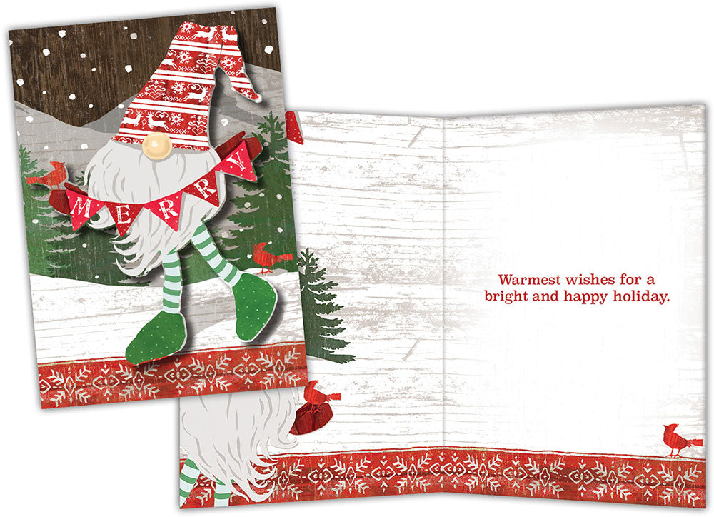 Special Finish Boxed Christmas Cards- Merry Gnome and Cardinals -15 Cards & Envelopes
