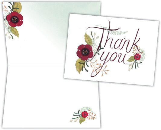 Red Floral Thank You Note - Boxed Thank You Cards, Box of 15
