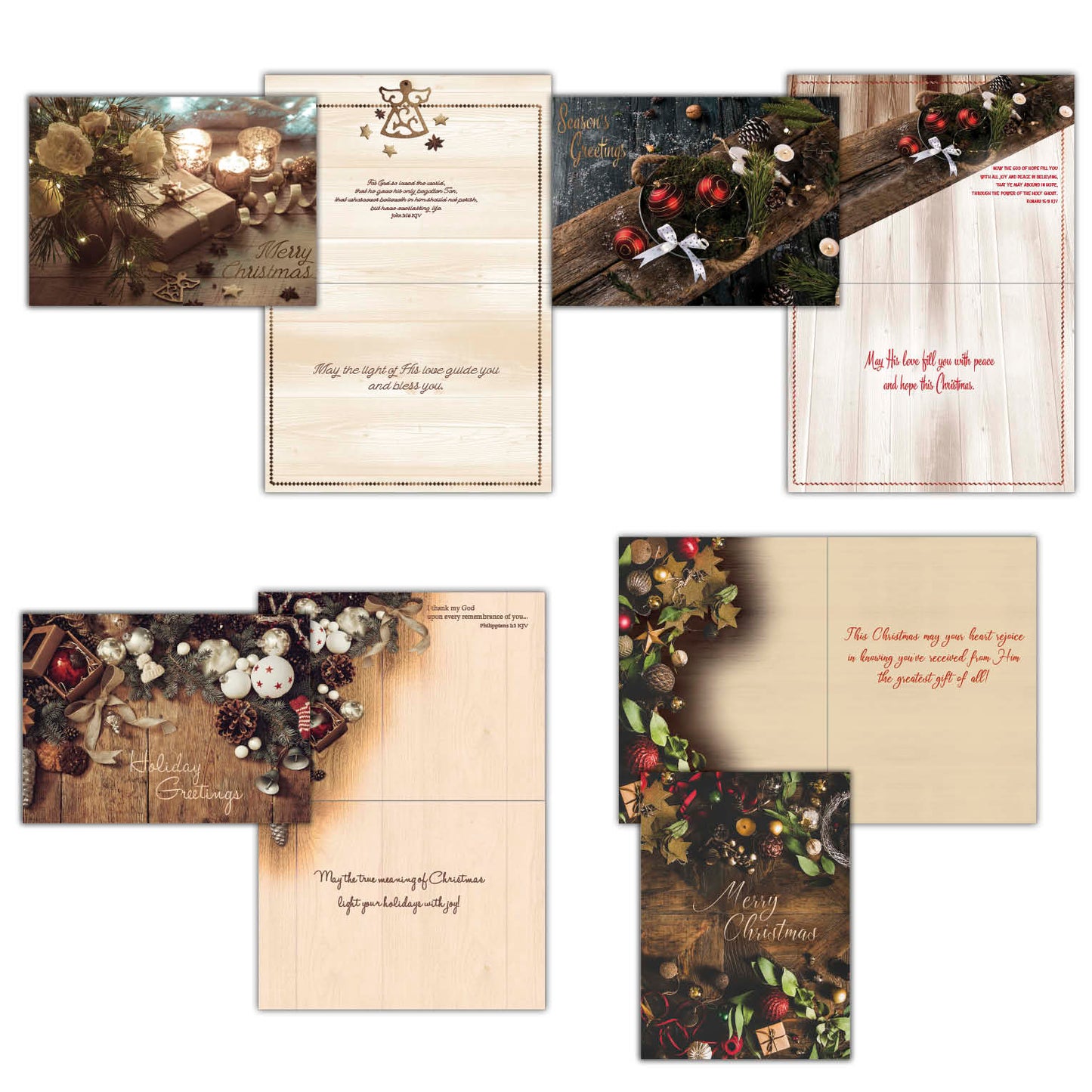christmas cards with candles, gifts, ornaments, pine cones and other decorations