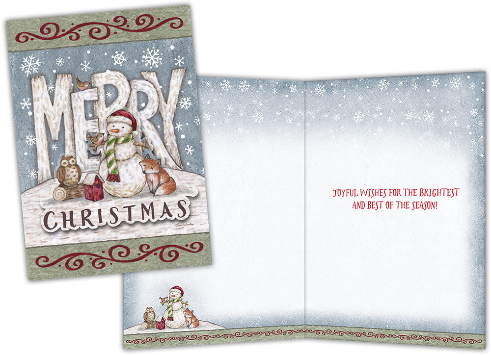 Christmas card with snowman, owl, and fox design on a snowy background