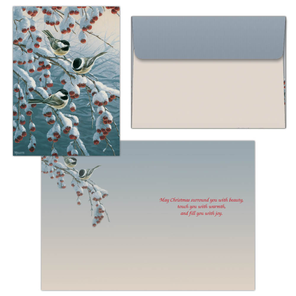 three chickadees on a branch christmas card with printed envelope